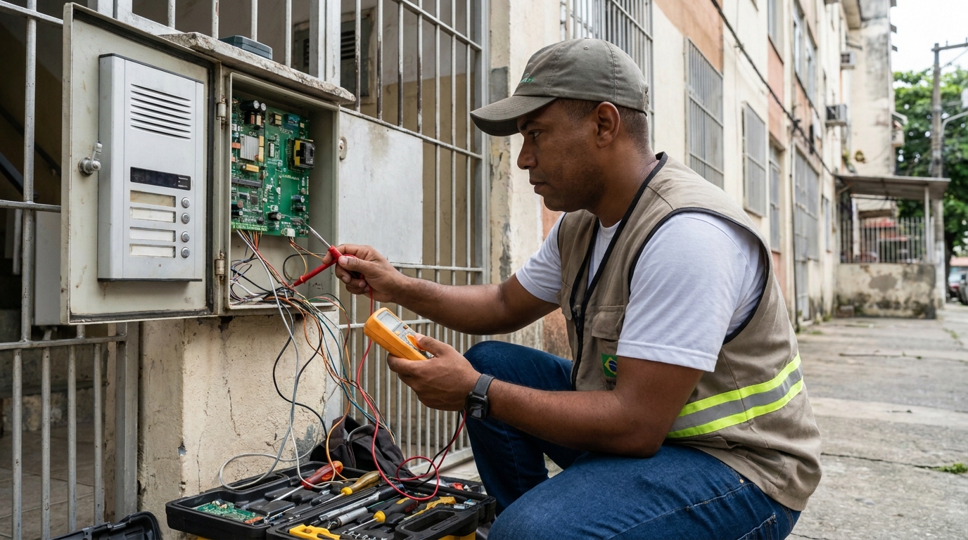 Eletricista consertando interfone em Volta Redonda‑RJ