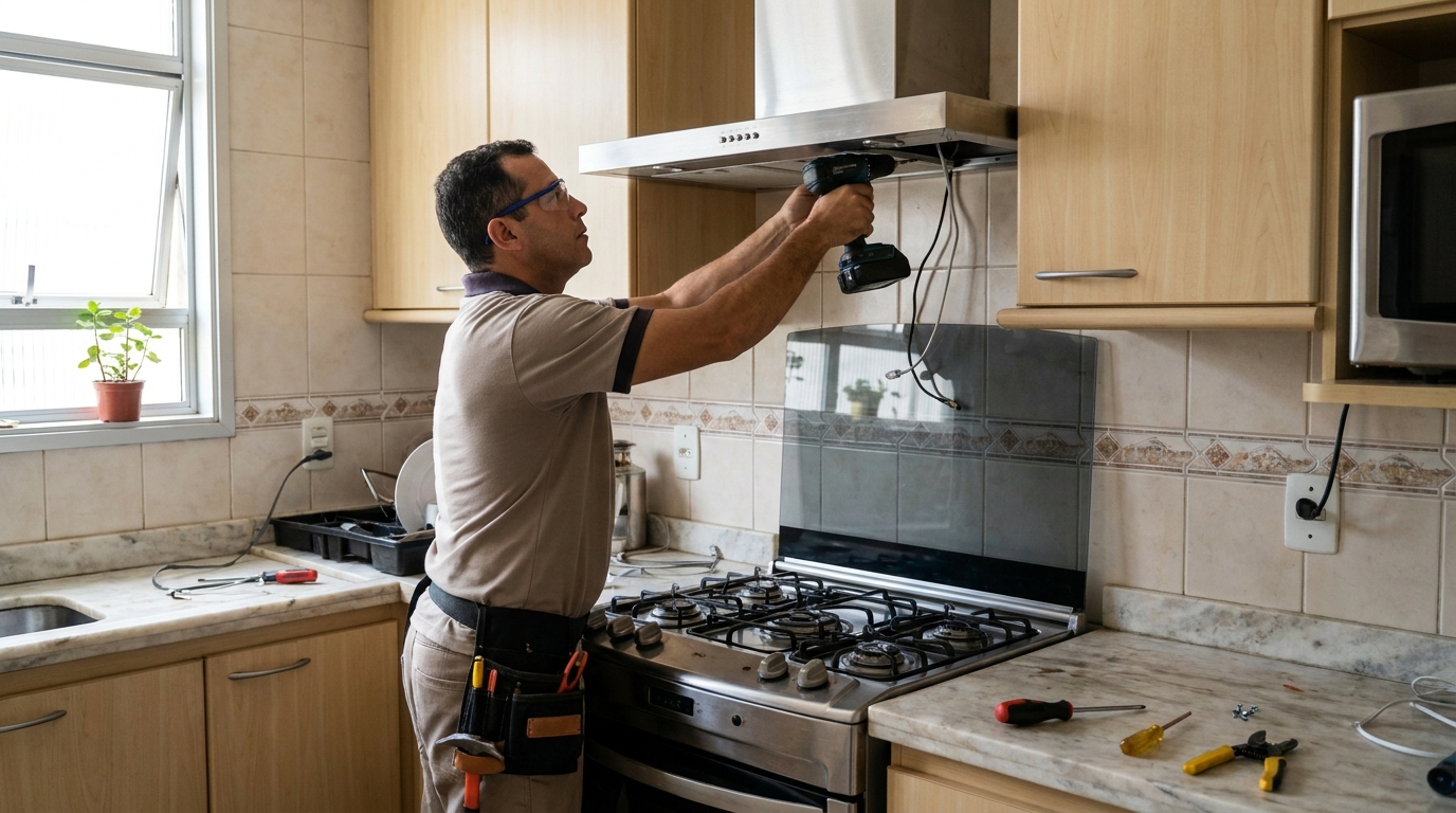 Eletricista instalando coifa em Volta Redonda‑RJ