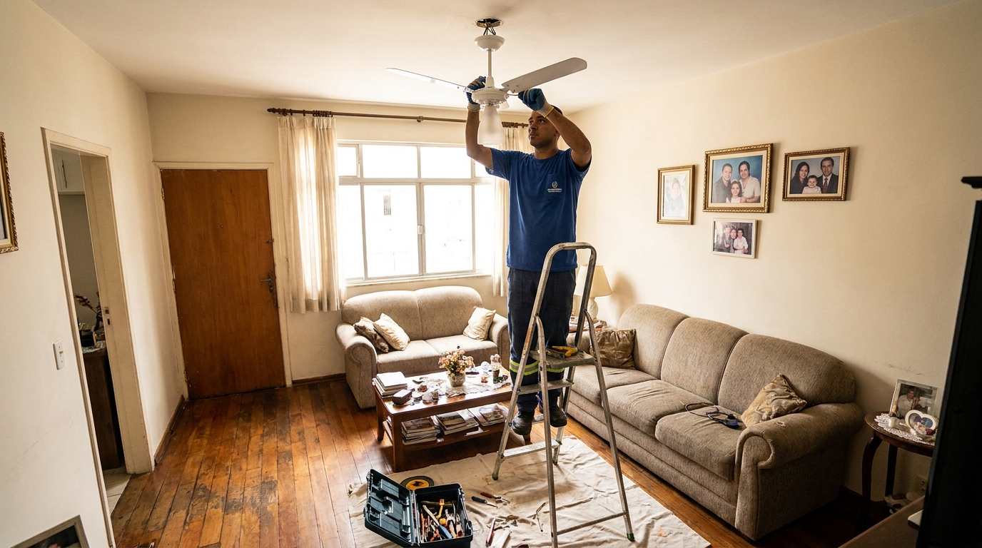 Eletricista instalando ventilador de teto em Volta Redonda‑RJ