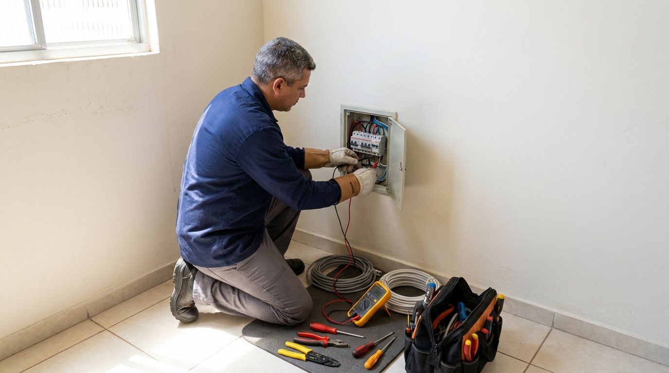 Eletricista realizando manutencao em Volta Redonda‑RJ